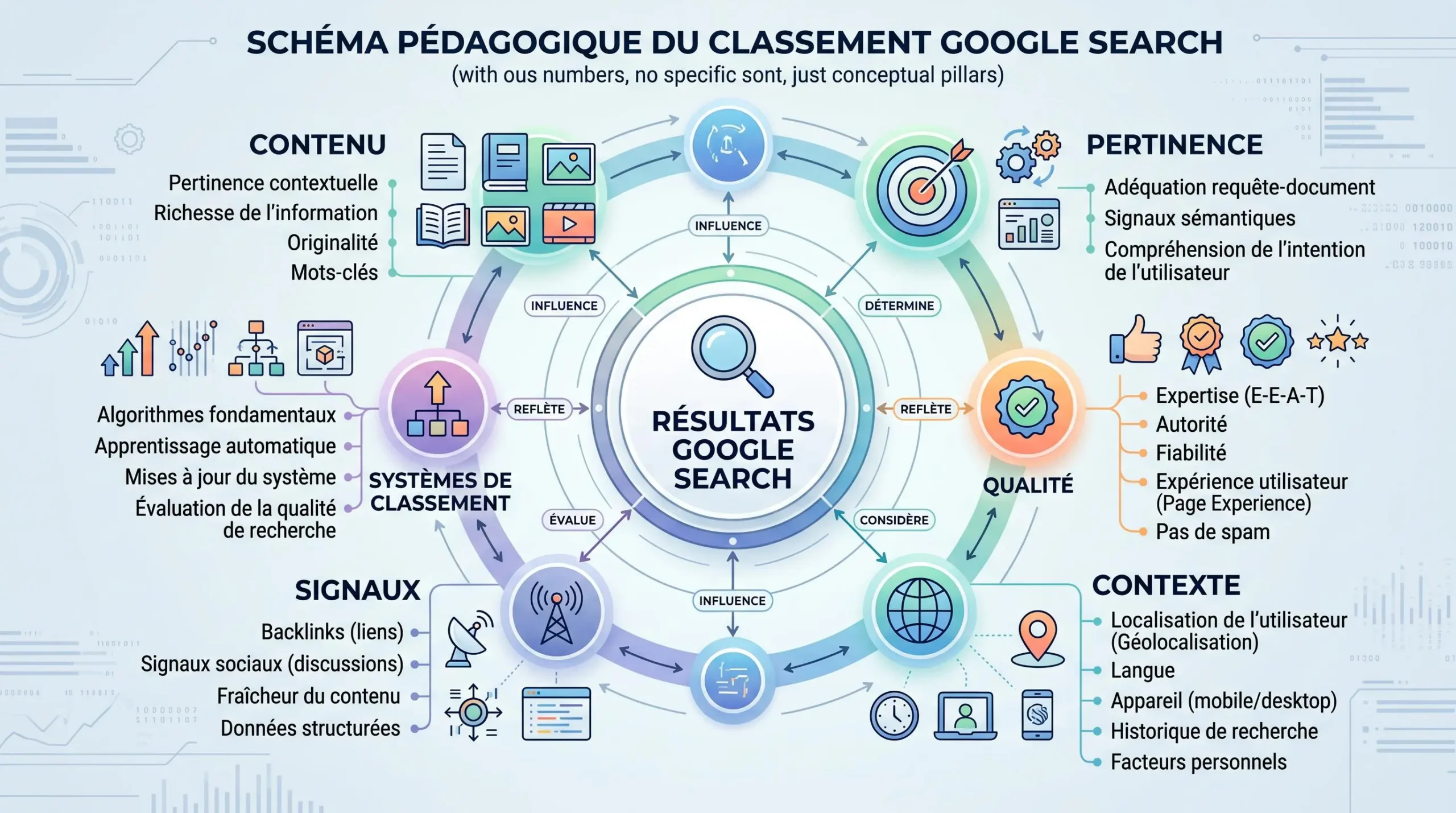 Schéma conceptuel des éléments influençant le classement dans Google Search
