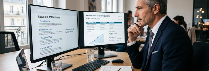 Dirigeant analysant une promesse de première position Google dans une proposition SEO